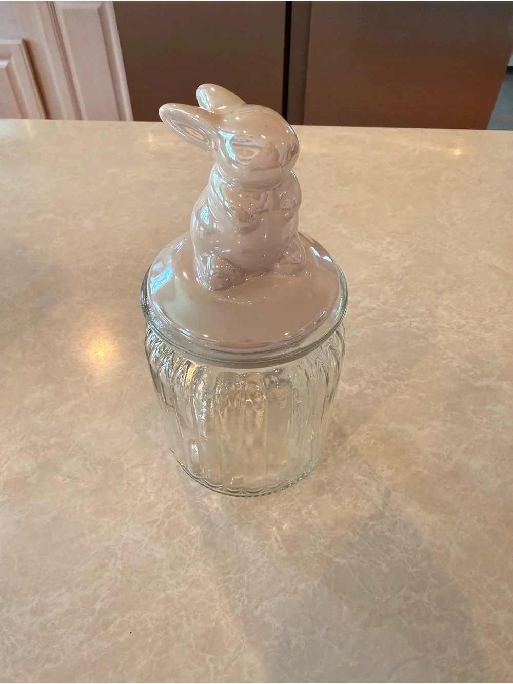 Ceramic Glass Storage Jar - with Iridescent ceramic Bunny on the lid
